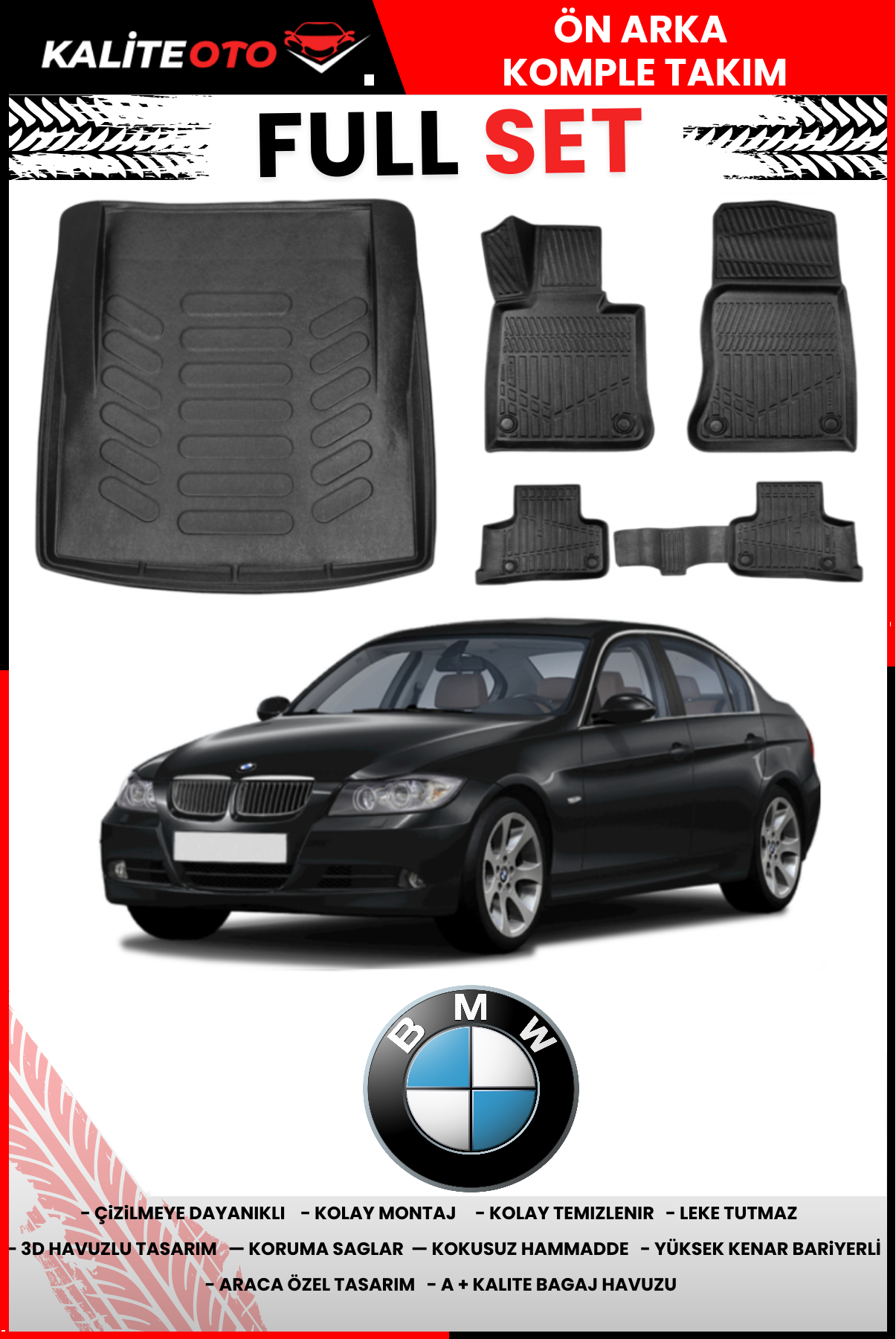 Bmw 3 Serisi E90 2004-2012 Bagaj Havuzu+3D Araca Özel Havuzlu Paspas Takımı