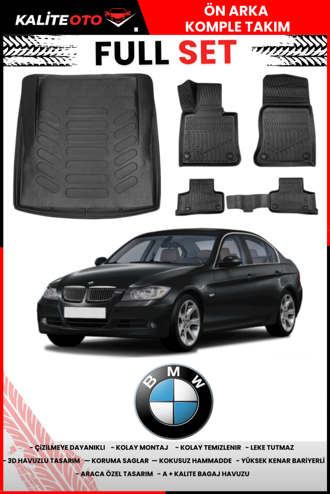 Bmw 3 Serisi E90 2004-2012 Bagaj Havuzu+3D Araca Özel Havuzlu Paspas Takımı
