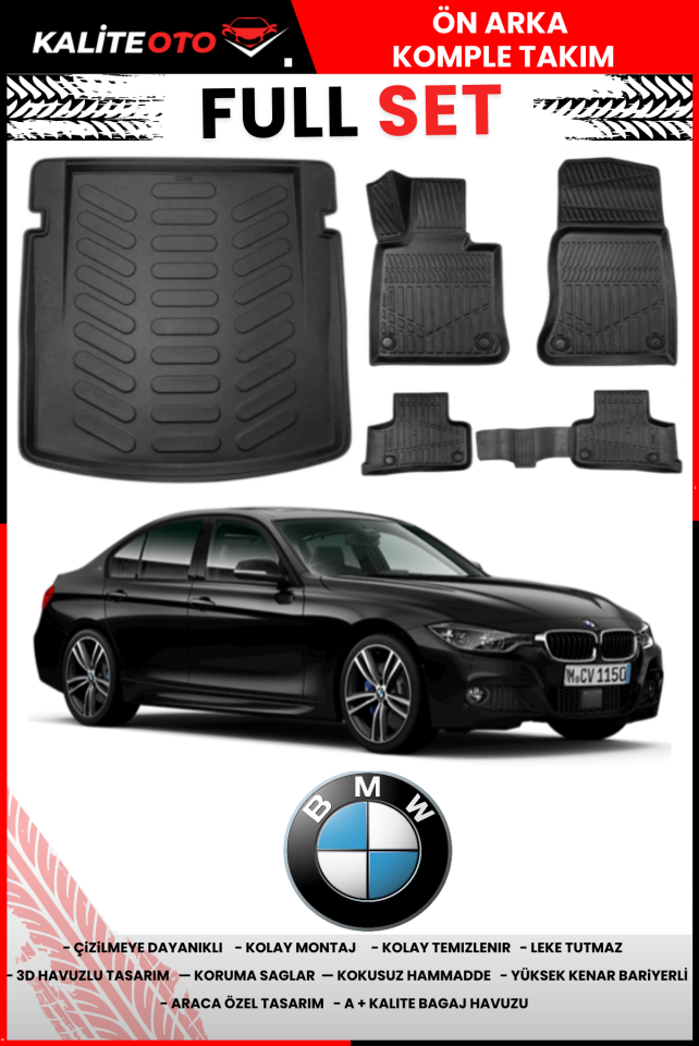 Bmw 3 Serisi F30 2012-2018 Bagaj Havuzu+3D Araca Özel Havuzlu Paspas Takımı