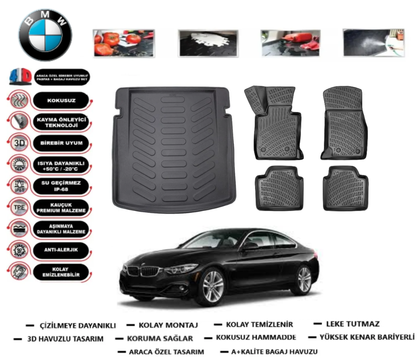 Bmw 4 Serisi Coupe F32 2013-2020 Bagaj Havuzu+3D Araca Özel Havuzlu Paspas Takımı