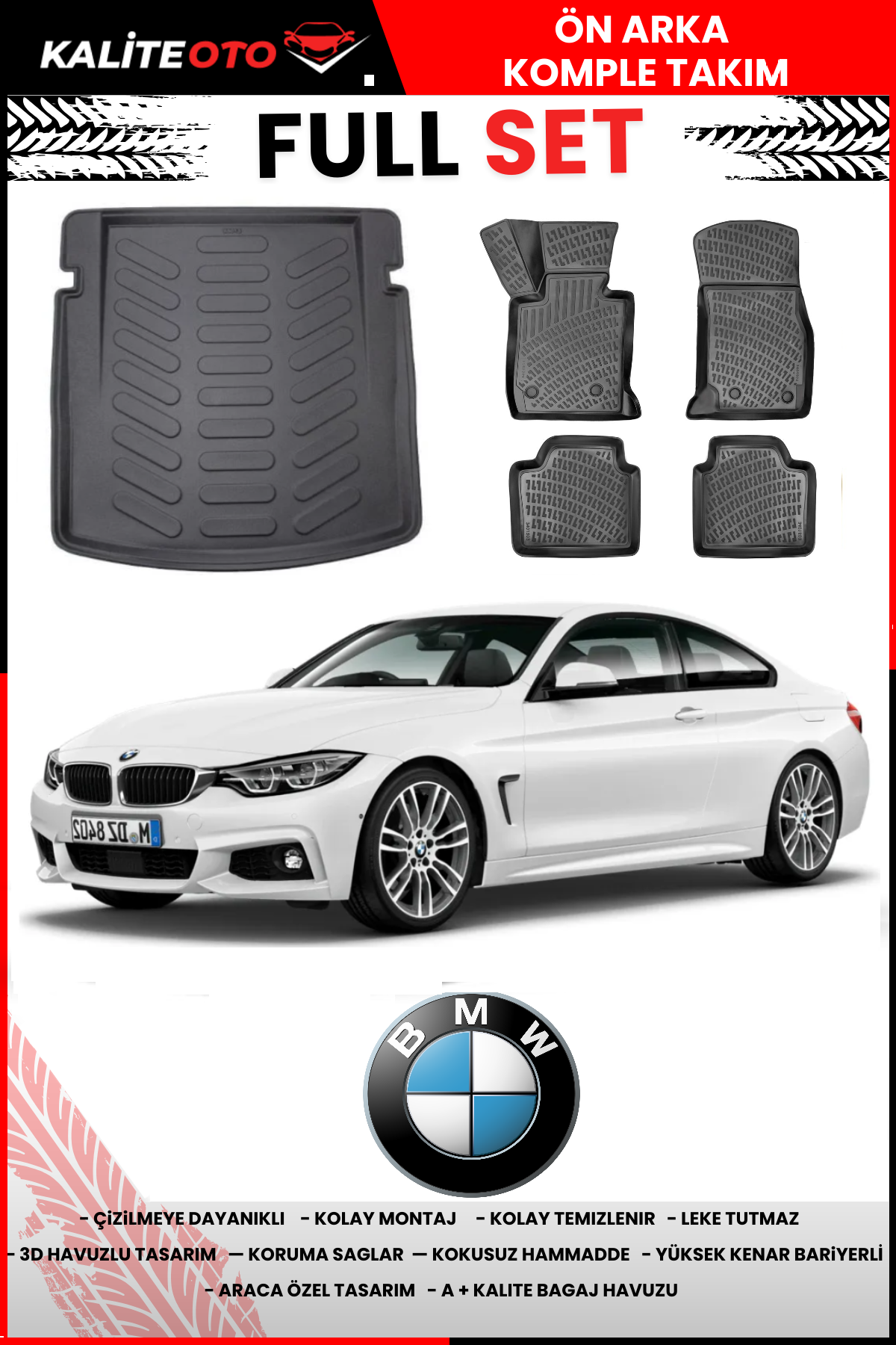 Bmw 4 Serisi Coupe F32 2013-2020 Bagaj Havuzu+3D Araca Özel Havuzlu Paspas Takımı