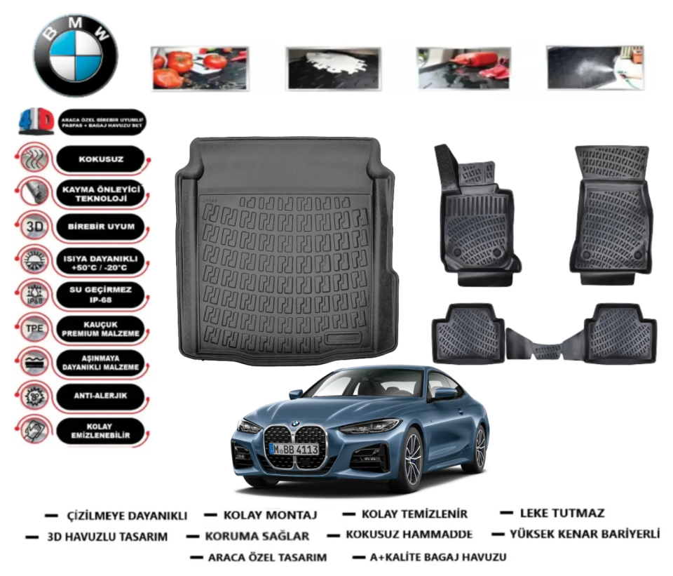 Bmw 4 Serisi Coupe G22 2020 Sonrası Bagaj Havuzu+3D Araca Özel Havuzlu Paspas Takımı