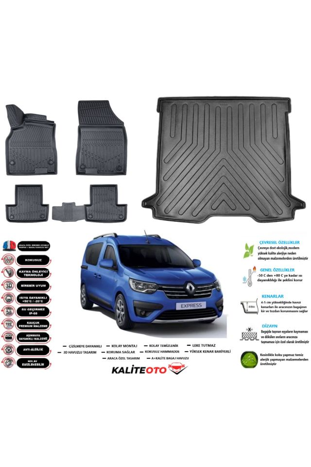 Renault Express 2023 Model Esnek Bagaj Havuzu Araca Özel Siyah Paspas Takımı