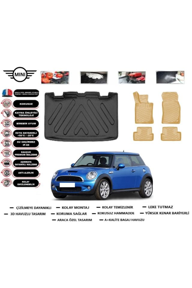Mini Cooper R56 2011 Model Bagaj Havuzu(paspası)+Araca Özel Bej Paspas Takımı Flex