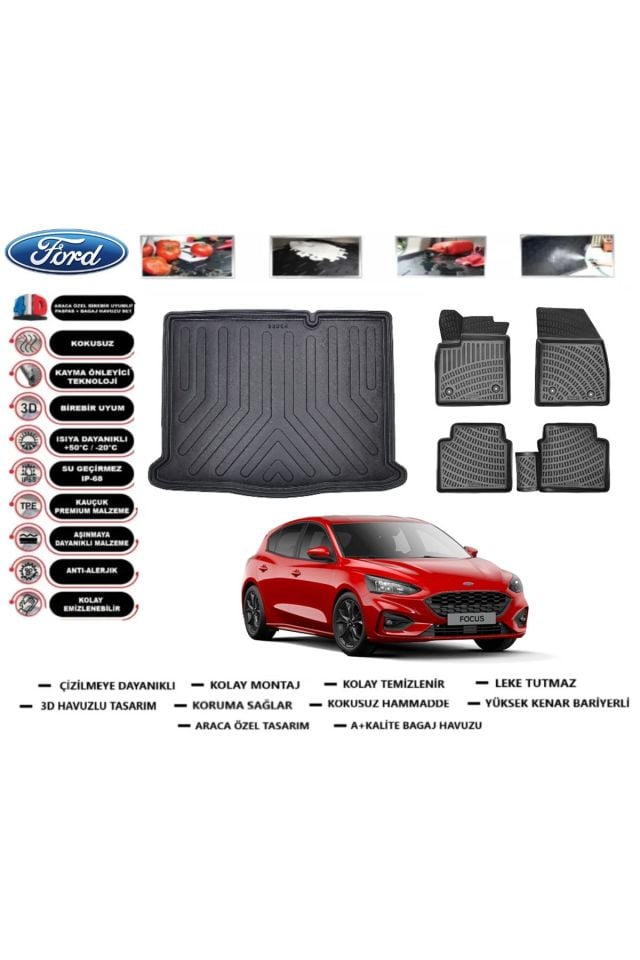 Ford Focus 4 HB 2019 Model İnce Stepne Bagaj Havuzu Araca Özel Paspas Takımı Prrox
