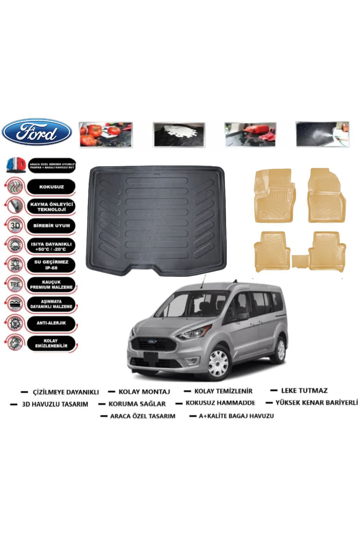 Ford Tourneo Connect 2014 Model Bagaj Havuzu+Araca Özel Bej Paspas Takımı Flex