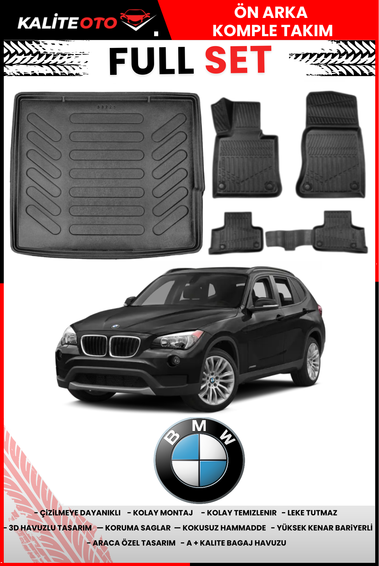 Bmw X1 2009-2015 3D Bagaj Havuzu+3D Araca Özel Paspas Takımı