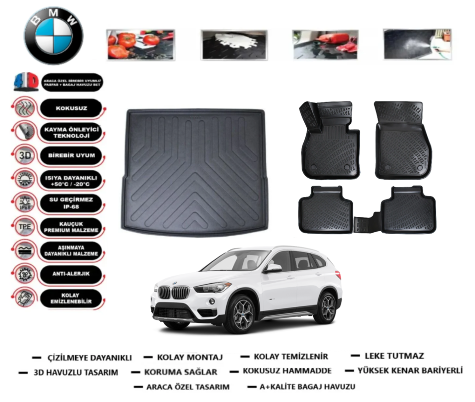 Bmw X1 2016-2022 3D Bagaj Havuzu+3D Araca Özel Paspas Takımı