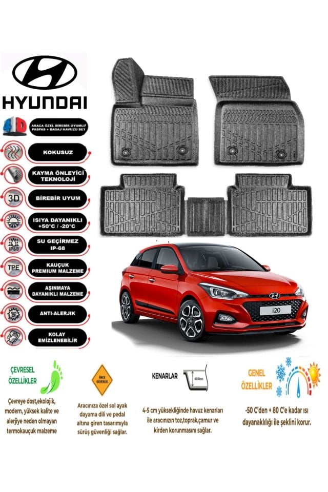 Hyundai İ20 2015 Model 4D Araca Özel Havuzlu Paspas Takımı