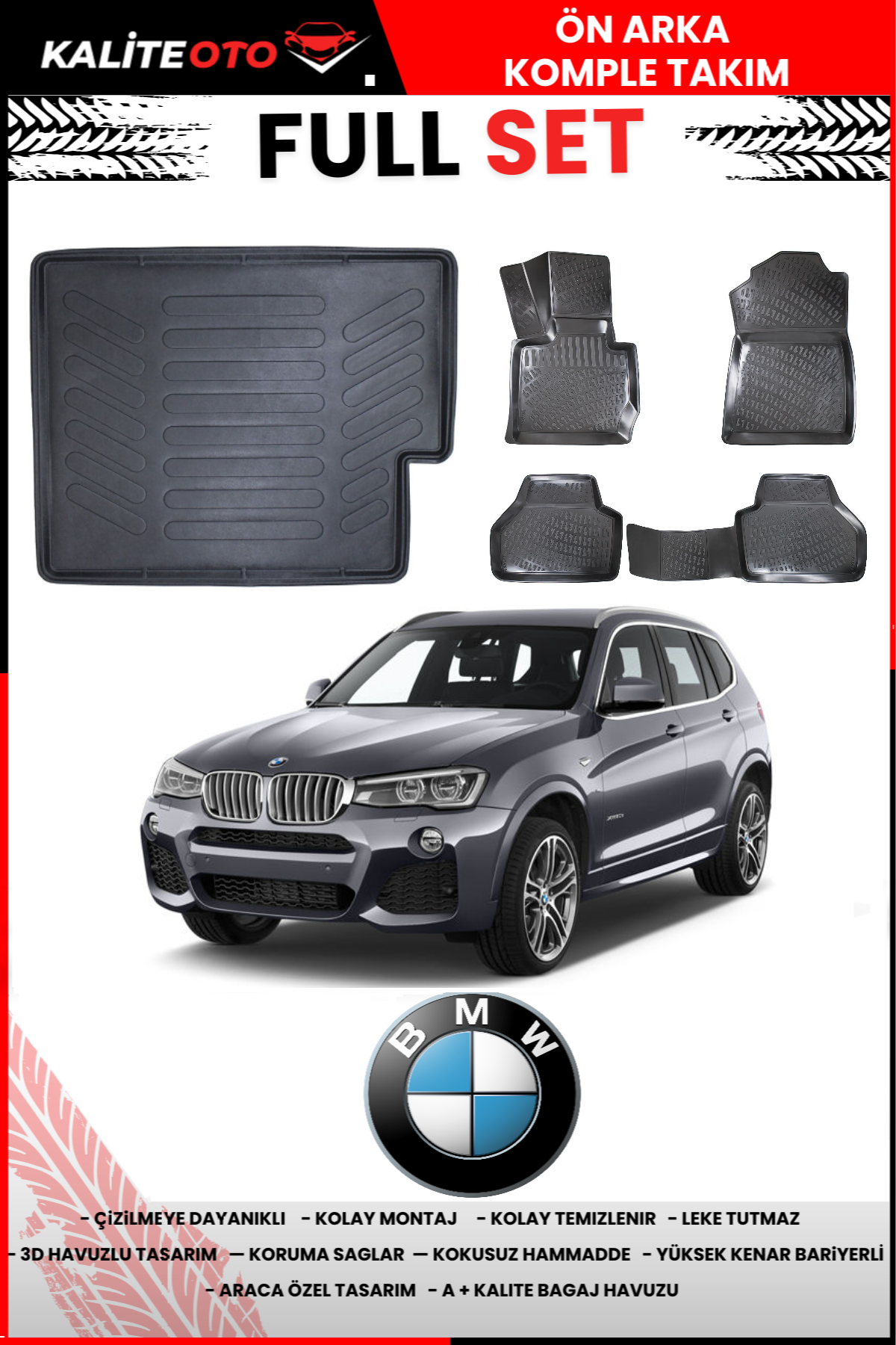 Bmw X3 2011-2017 3D Bagaj Havuzu+3D Araca Özel Paspas Takımı