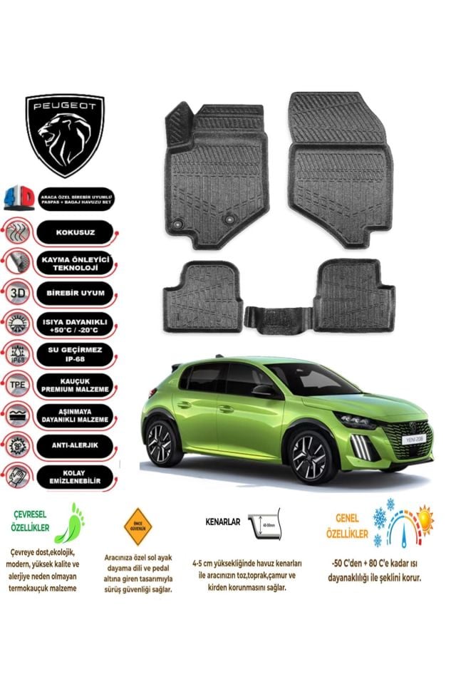 Peugeot 208 2021 Model 4D Araca Özel Havuzlu Paspas Takımı