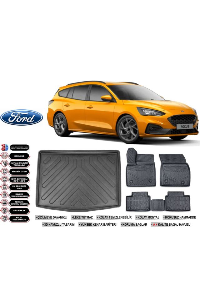 Ford Focus 5 STW 2022 Model Alt Bagaj Havuzu Araca Özel Siyah Havuzlu Paspas Takımı Sett