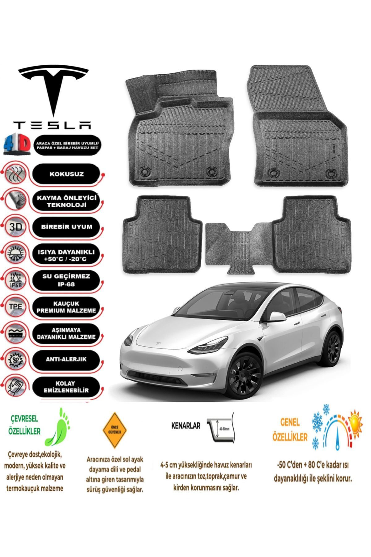 Tesla Model Y 2022 Model 4D Araca Özel Havuzlu Paspas Takımı