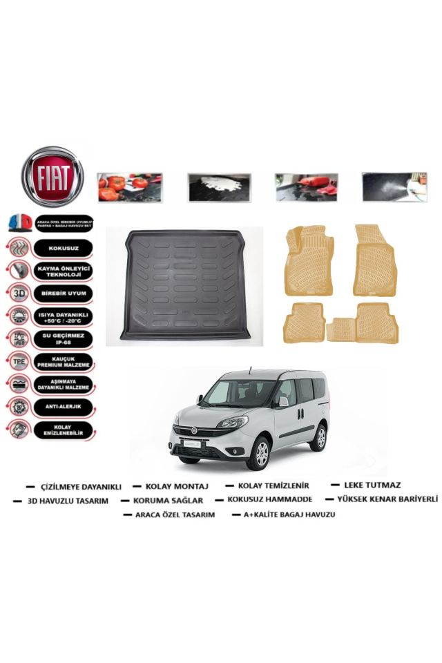 Fiat Doblo 2012 Model Bagaj Havuzu+Araca Özel Bej Paspas Takımı Flex