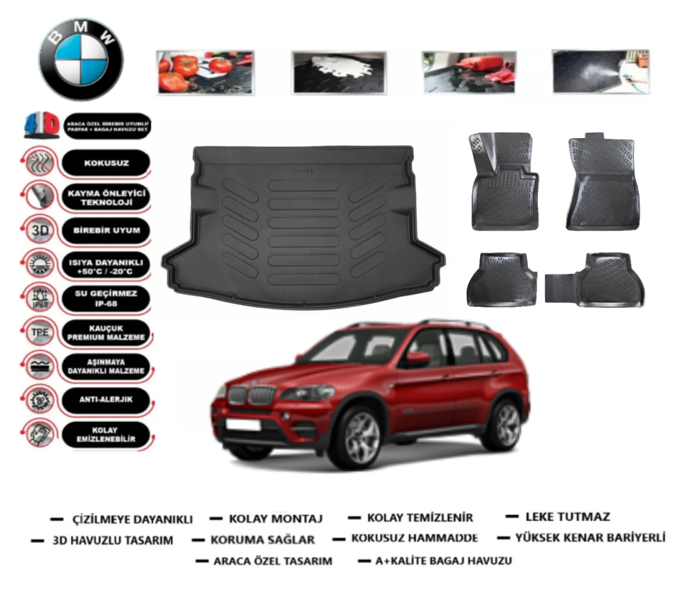 Bmw X5 2006-2013 3D Bagaj Havuzu+3D Araca Özel Paspas Takımı