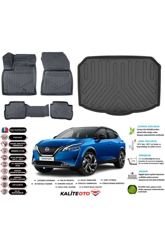 Nissan Qashqai E-Power 2023 Model Alt Esnek Bagaj Havuzu Araca Özel Siyah Paspas Takımı