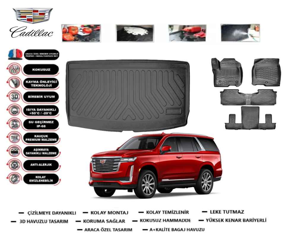 Cadillac Escalade 7-8 Koltuk 2021 Sonrası Bagaj Havuzu+3D Havuzlu Paspas Takımı