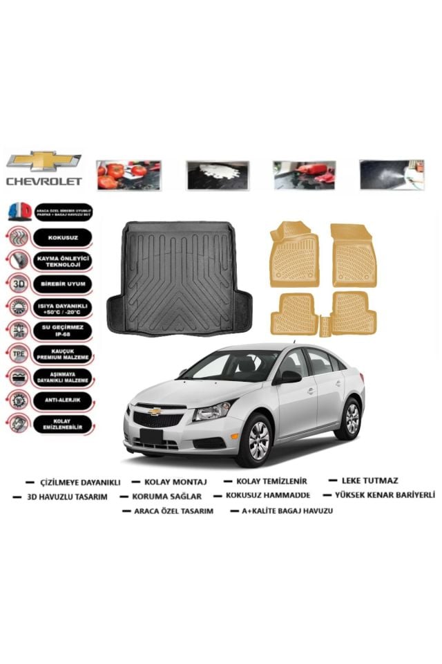 Chevrolet Cruze Sedan Çift Kulak 2012 Model Bagaj Havuzu+Araca Özel Bej Paspas Takımı Flex