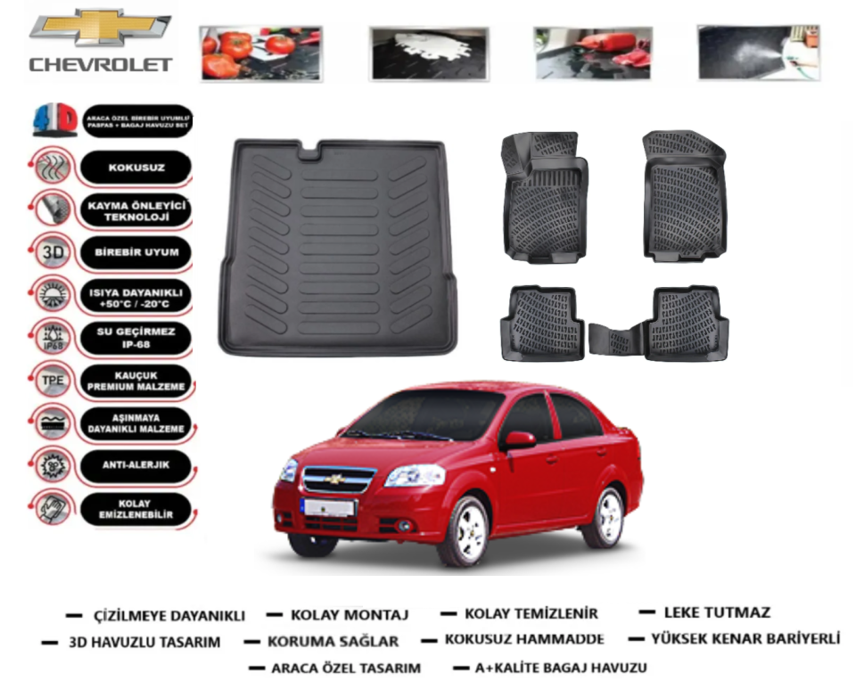 Chevrolet Aveo Sedan 2012 Sonrası Bagaj Havuzu+3D Araca Özel Paspas Takımı