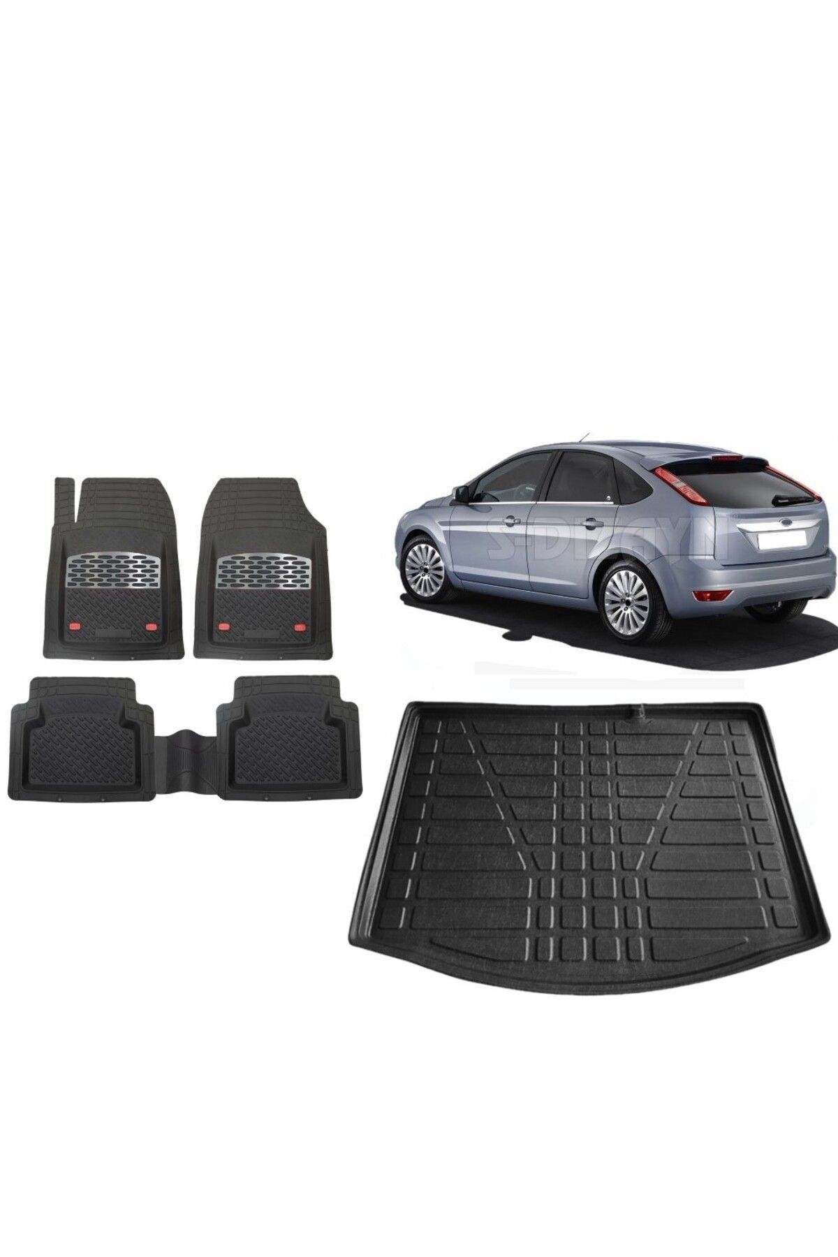 Ford Focus 2 HB 2009 Model İnce Stepne 3D Bagaj Havuzu+3D Havuzlu Safirr Gri Kromlu Paspas