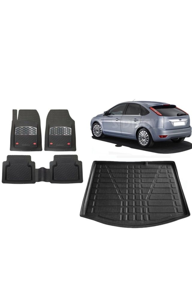 Ford Focus 2 HB 2009 Model İnce Stepne 3D Bagaj Havuzu+3D Havuzlu Safirr Gri Kromlu Paspas