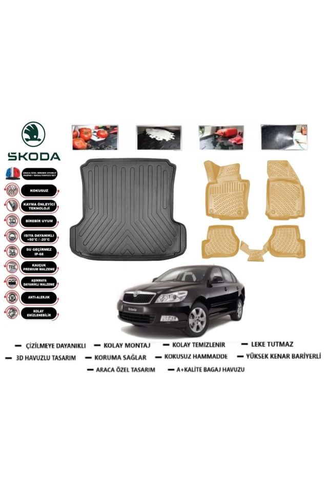 Skoda Octavia 2009 Model Bagaj Havuzu(paspası)+Araca Özel Bej Paspas Takımı Flex
