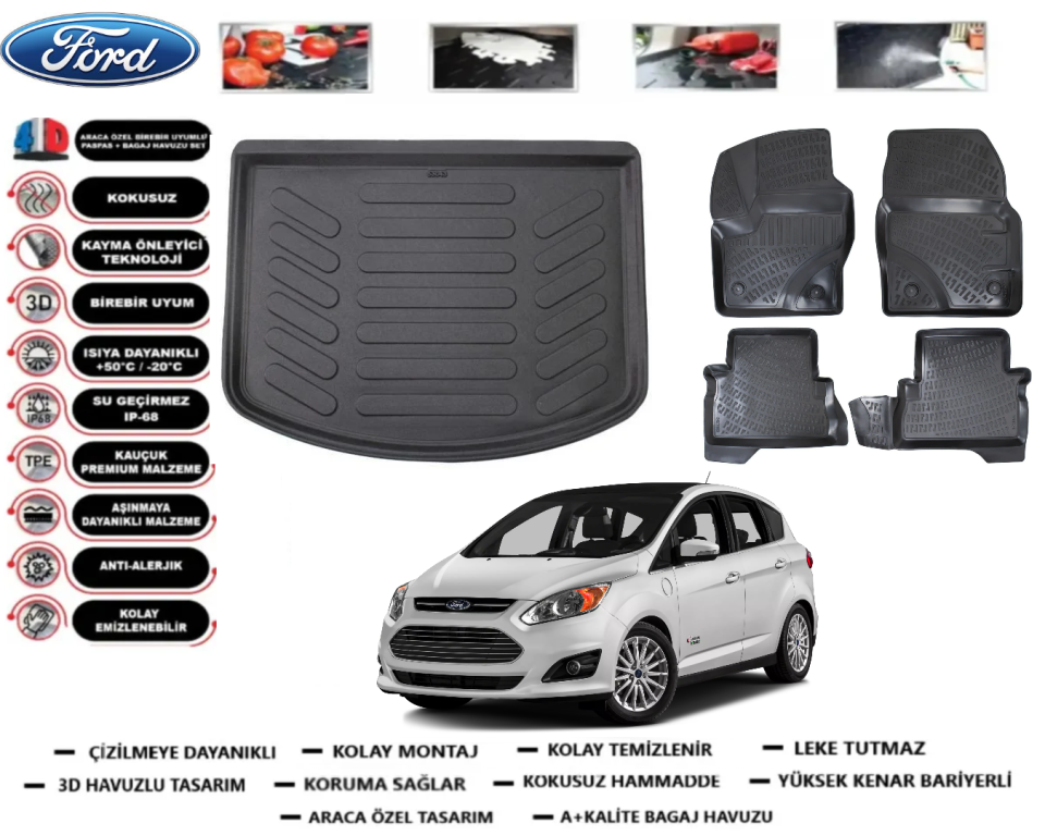 Ford C-Max 2010 Sonrası Bagaj Havuzu+3D Araca Özel Paspas Takımı