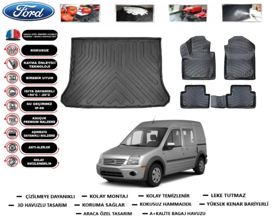 Ford Connect 2002-2013 Cepli Bagaj Havuzu+3D Araca Özel Paspas Takımı