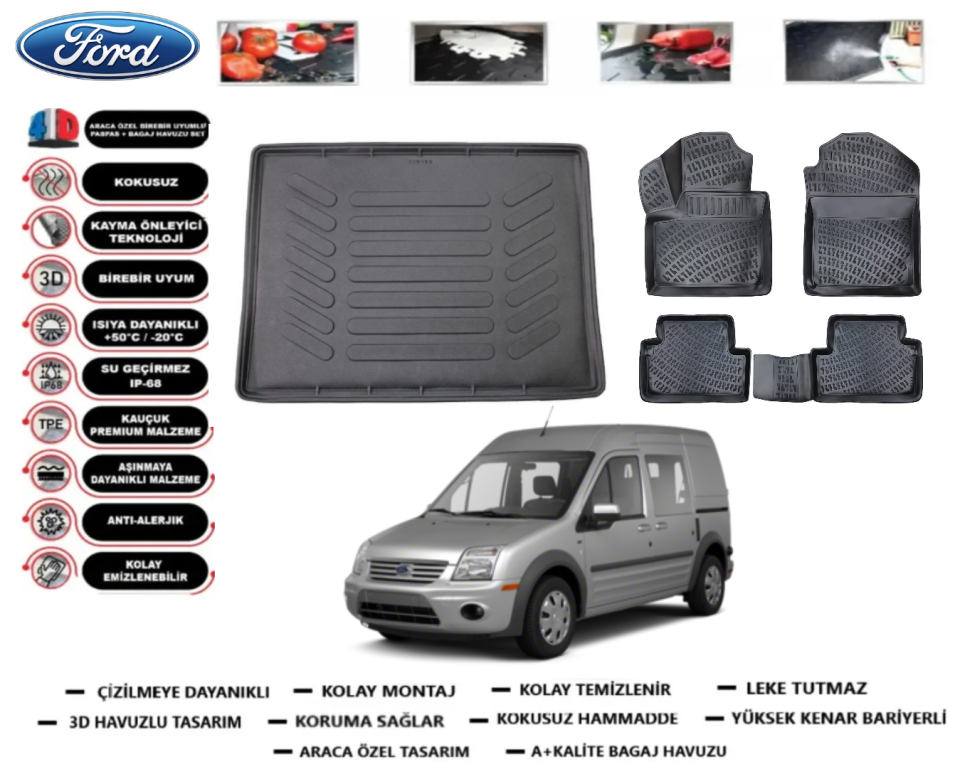 Ford Connect 2002-2013 Cepsiz Bagaj Havuzu+3D Araca Özel Paspas Takımı