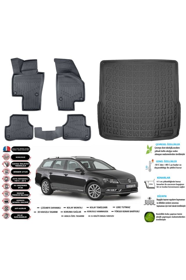 Volkswagen Passat B7 Variant 2013 Model Esnek Bagaj Havuzu Araca Özel Siyah Paspas Takımı