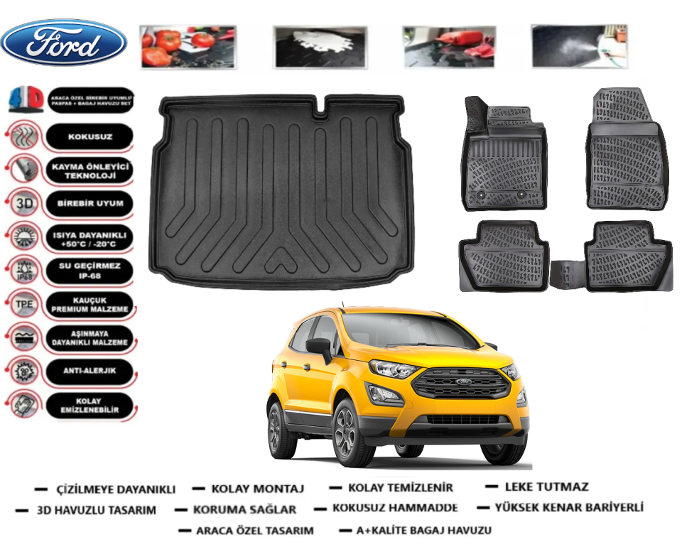 Ford Ecosport 2016 Sonrası Alt Bagaj Havuzu+3D Araca Özel Paspas Takımı