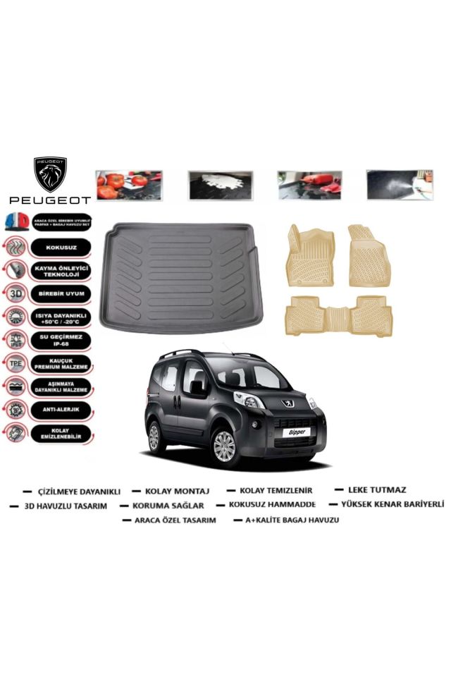 Peugeot Bipper 2013 Model Bagaj Havuzu+Araca Özel Bej Paspas Takımı Flex