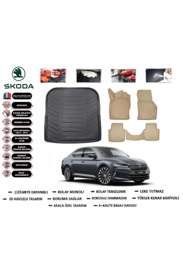 Skoda Super B 2022 Model Bagaj Havuzu(paspası)+Araca Özel Bej Paspas Takımı Flex