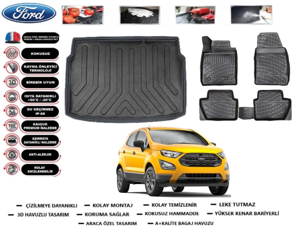 Ford Ecosport 2016 Sonrası Üst Bagaj Havuzu+3D Araca Özel Paspas Takımı