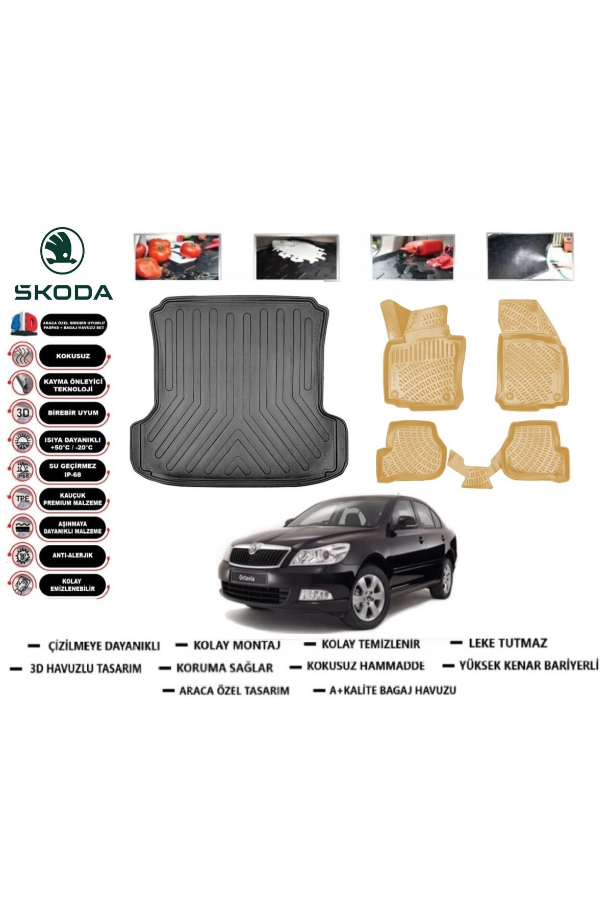 Skoda Octavia 2010 Model Bagaj Havuzu(paspası)+Araca Özel Bej Paspas Takımı Flex
