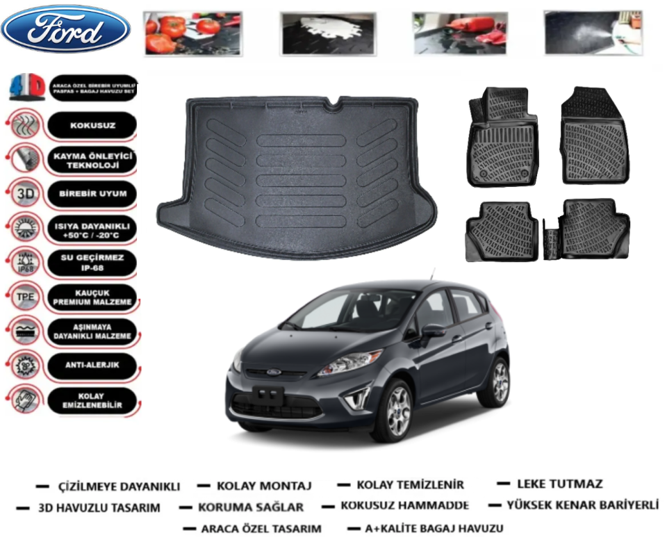 Ford Fiesta 2009-2016 3D Bagaj Havuzu+3D Araca Özel Paspas Takımı