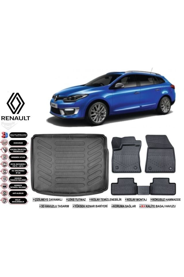 Renault Megane 3 Sporttourer 2011 Model Bagaj Havuzu Araca Özel Siyah Havuzlu Paspas Takımı Sett