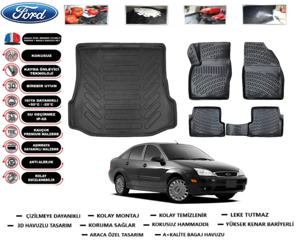 Ford Focus 1998-2004 Sedan 3D Bagaj Havuzu+3D Araca Özel Paspas Takımı