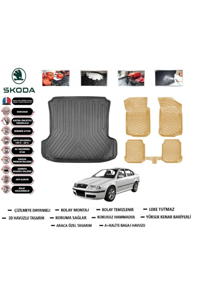 Skoda Octavia 2001 Model Bagaj Havuzu(paspası)+Araca Özel Bej Paspas Takımı Flex