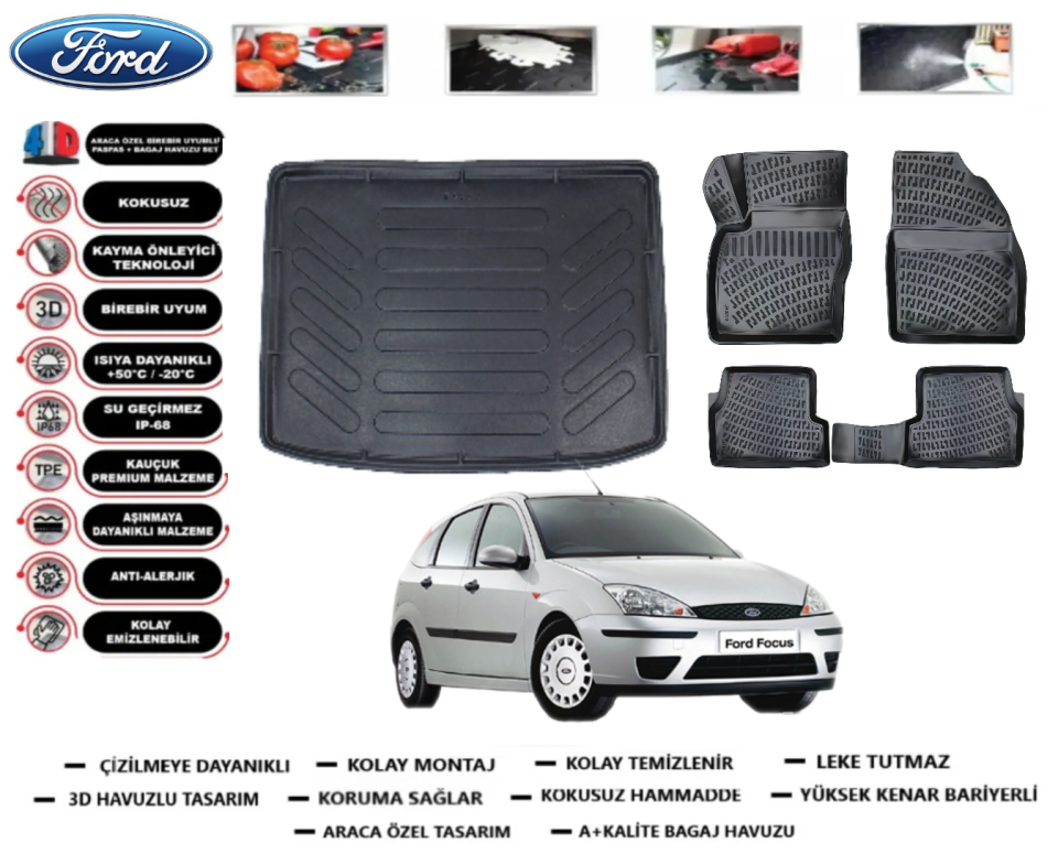 Ford Focus 1998-2004 Hatchback 3D Bagaj Havuzu+3D Araca Özel Paspas Takımı