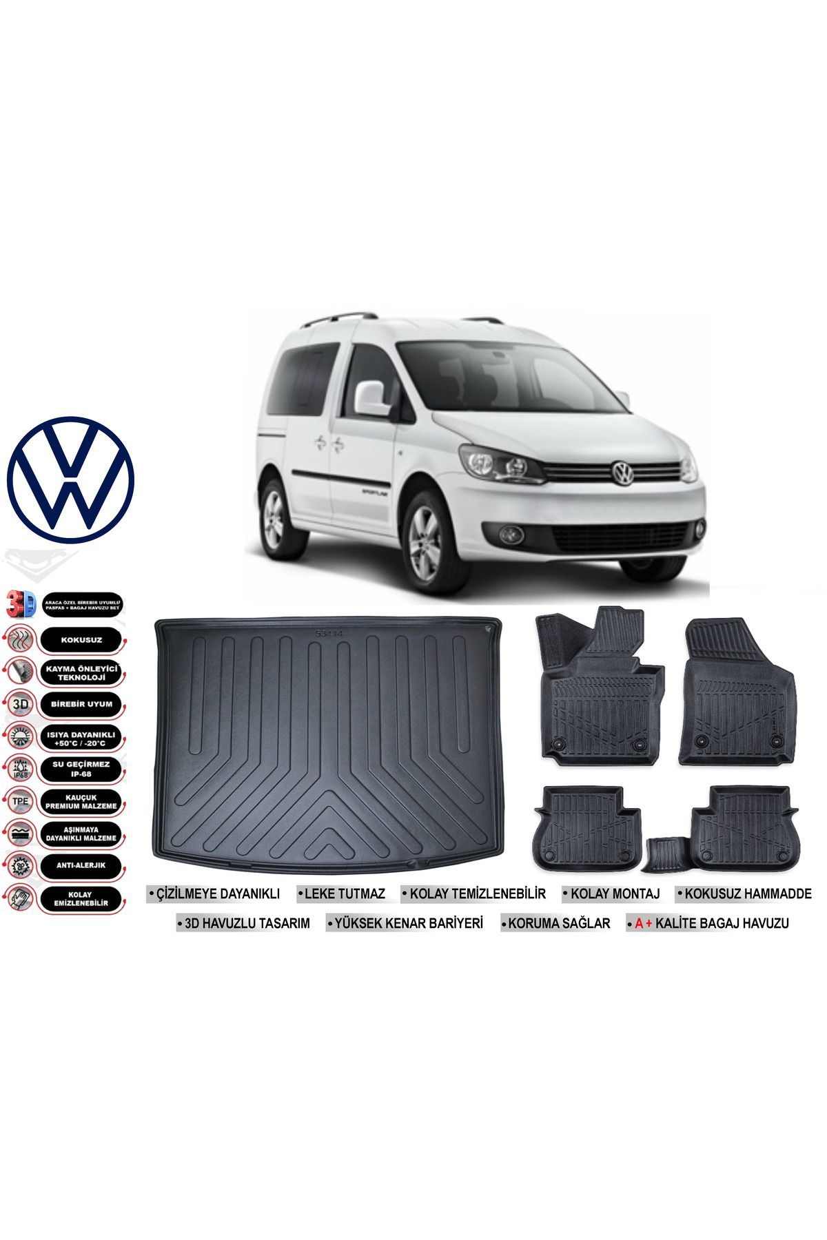 Volkswagen Caddy 2010 Model Bagaj Havuzu Araca Özel Siyah Havuzlu Paspas Takımı Sett