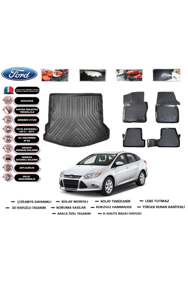 Ford Focus 3 Sedan 2013 Model Bagaj Havuzu Araca Özel Paspas Takımı Flex