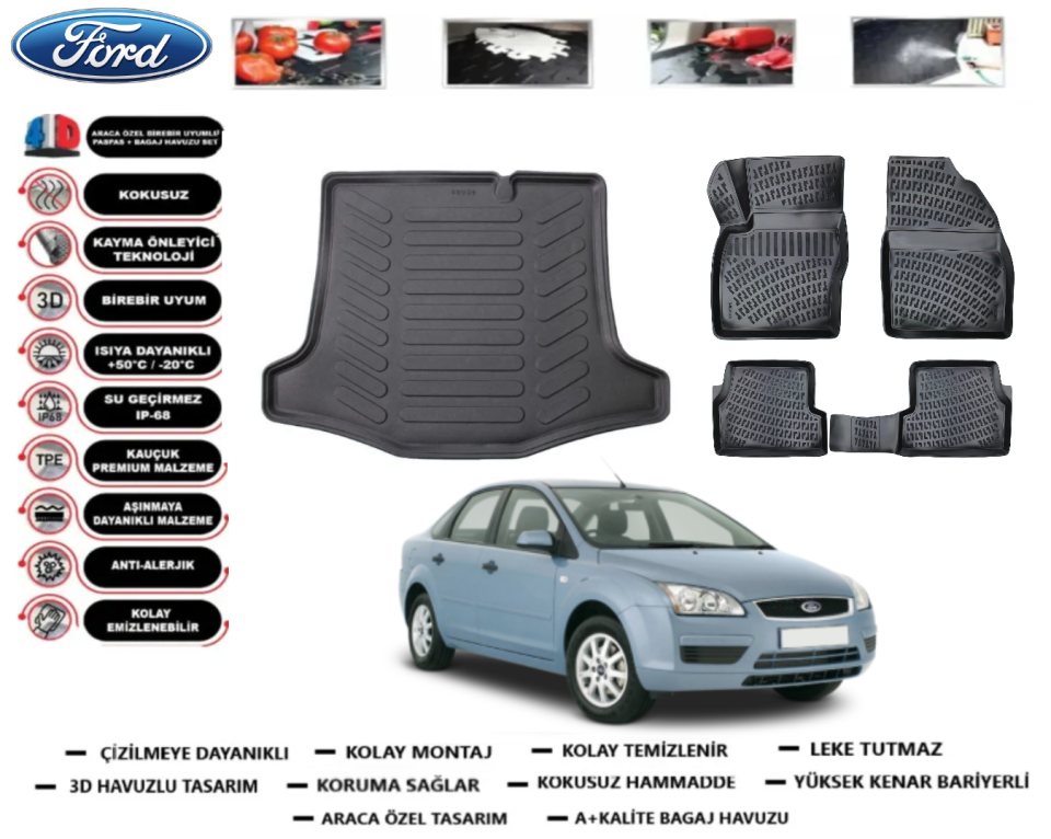 Ford Focus 2004-2010 Sedan 3D Bagaj Havuzu+3D Araca Özel Paspas Takımı