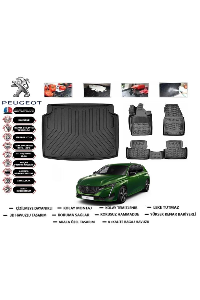 Peugeot 308 2022 Model Bagaj Havuzu Araca Özel Paspas Takımı Prrox