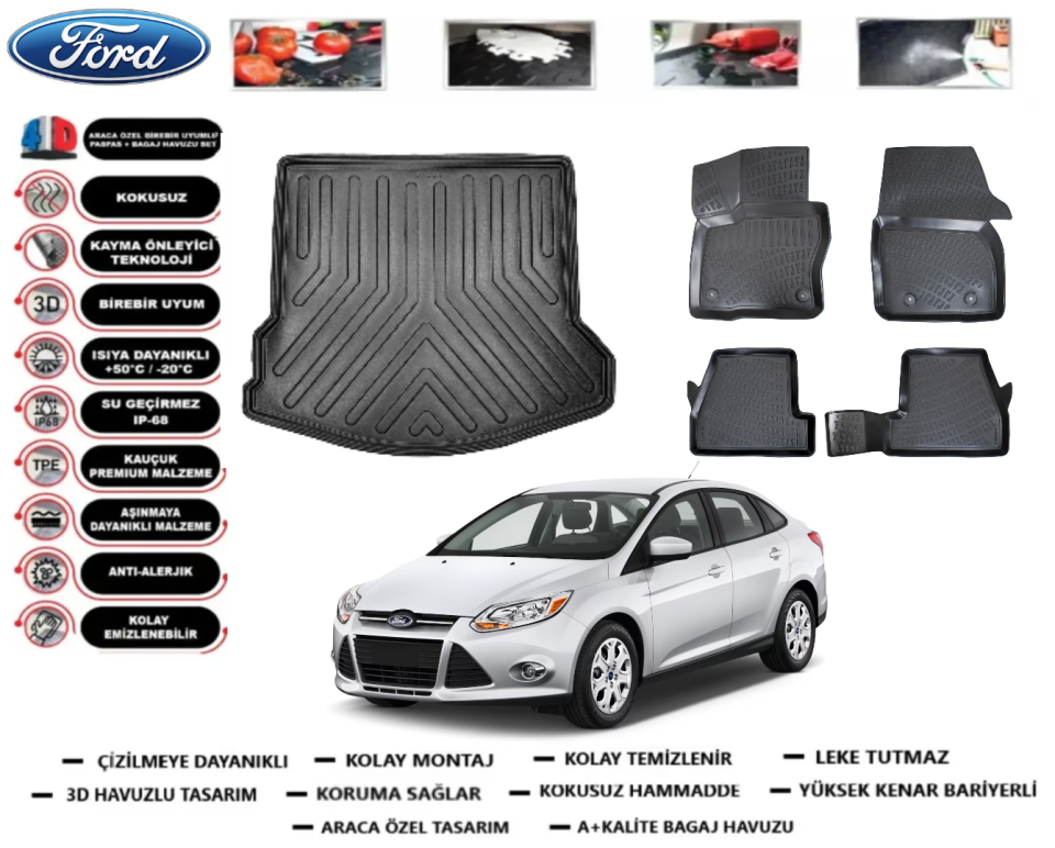 Ford Focus 2011-2018 Sedan 3D Bagaj Havuzu+3D Araca Özel Paspas Takımı