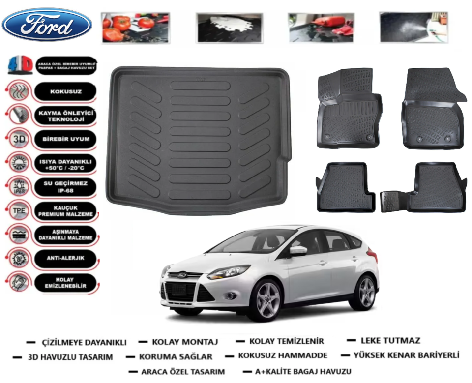 Ford Focus 2011-2018 Hatchback 3D Bagaj Havuzu+3D Araca Özel Paspas Takımı