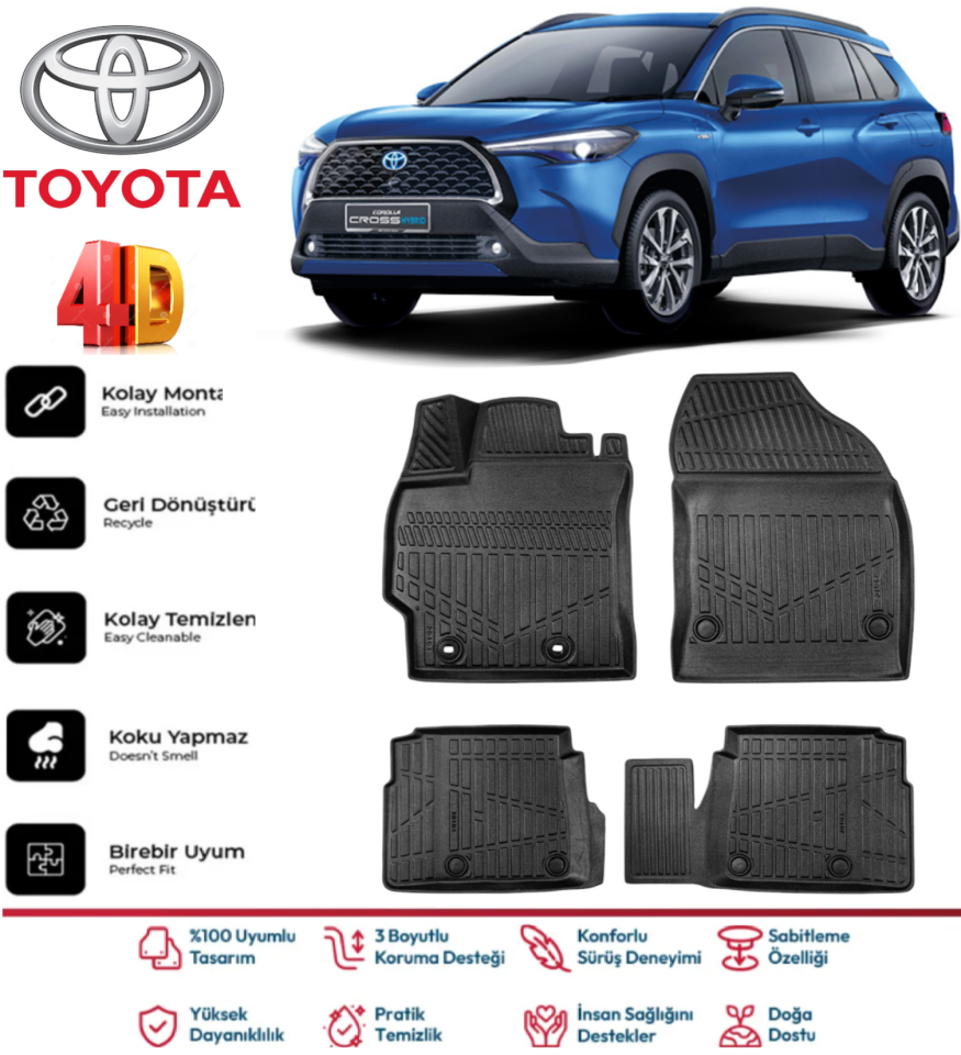 Corolla Cross 2022 Ve Sonrası  Uyumlu 4.5D Plus Havuzlu Siyah Paspas Takımı Yumuşak
