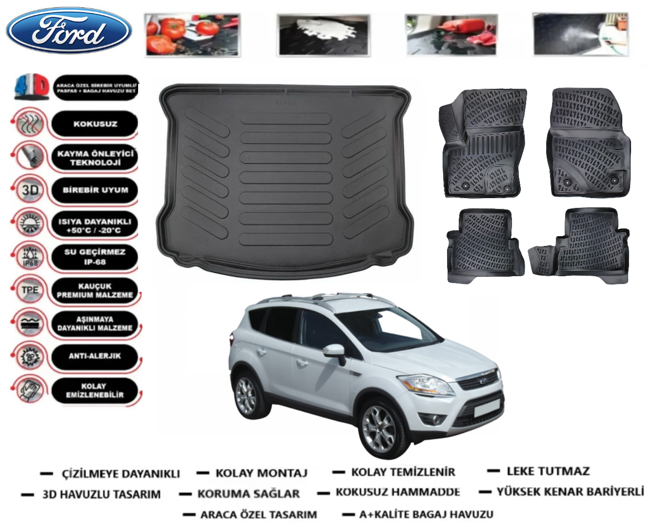 Ford Kuga 2008-2012 3D Bagaj Havuzu+3D Araca Özel Paspas Takımı