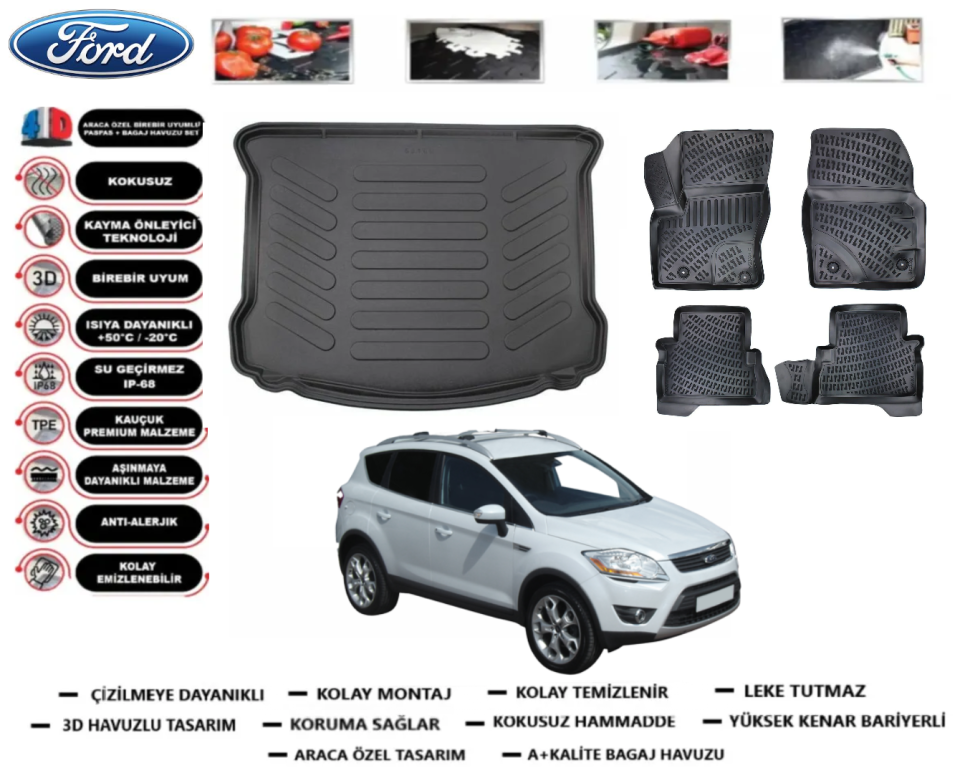 Ford Kuga 2008-2012 3D Bagaj Havuzu+3D Araca Özel Paspas Takımı