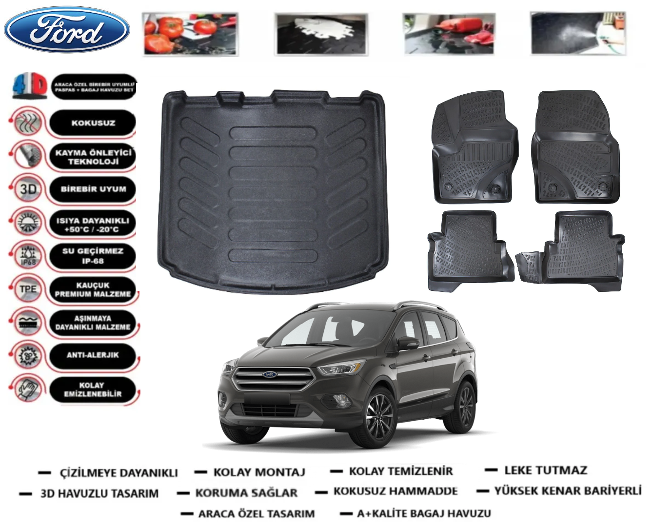 Ford Kuga 2012-2020 3D Bagaj Havuzu+3D Araca Özel Paspas Takımı